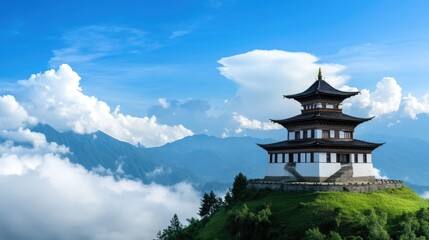 Obraz premium Stunning scenic view of traditional pagoda on mountain serene landscape cloudy sky tranquil environment