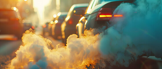 Close-up of a car exhaust emitting smoke on a rainy urban road...