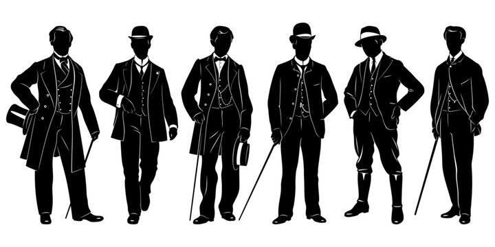 Men in Victorian Suits, Gentleman. Silhouettes Set. Vector cliparts isolated on white.