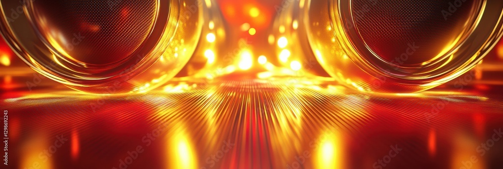 Fototapete Dynamic 3D speakers emitting vibrant light waves in a colorful space setting showcasing modern audio technology. Generative AI