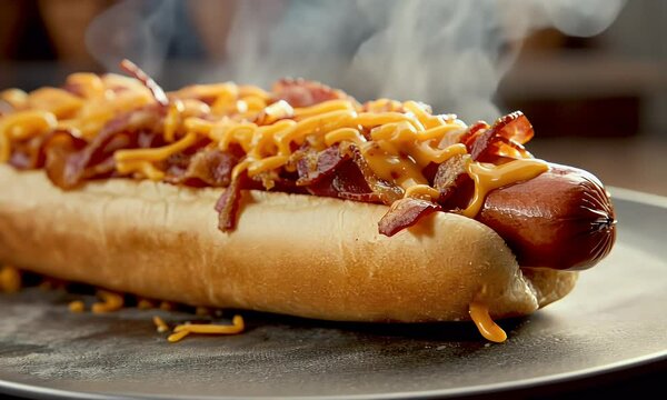 A delicious hot dog topped with crispy bacon and melted cheese, emitting steam.