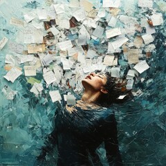 Complex Emotions Take Form as a Person Struggles Under a Turbulent Sea of Thoughts and Floating Notes in an Abstract Representation