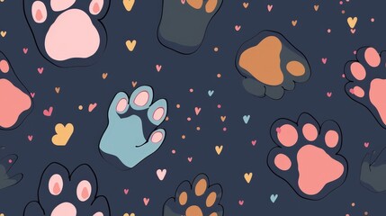Cute Paw Seamless Pattern Background Featuring Playful Animal Footprints and Colorful Hearts on a Dark Surface