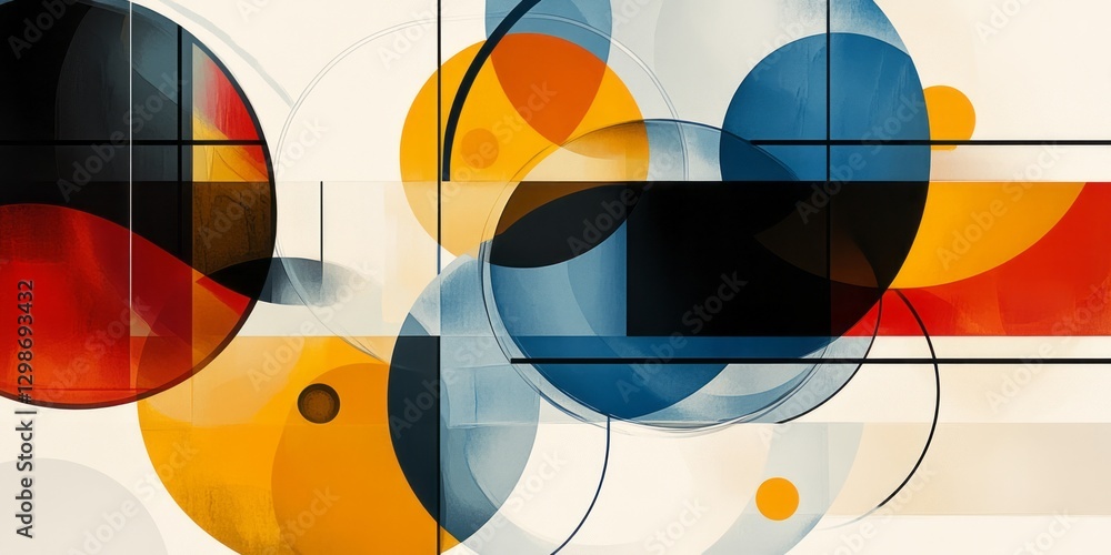 Poster abstract composition features intersecting circles and rectangles of color