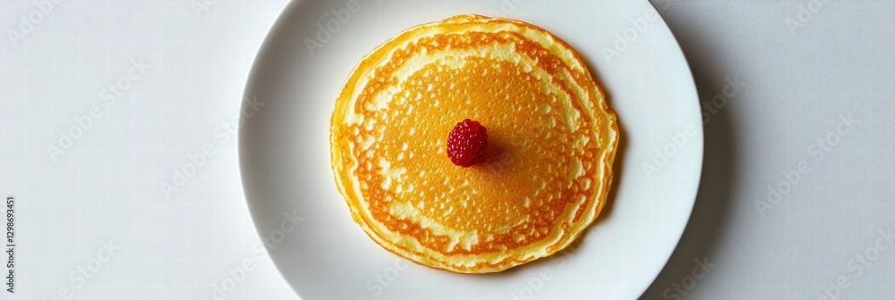 Poster delicious pancake topped with a fresh raspberry served on a white plate for breakfast or brunch in a