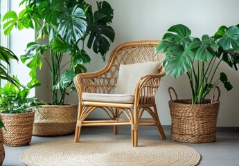 Cozy Rattan Chair Surrounded by Lush Indoor Greenery and Plants