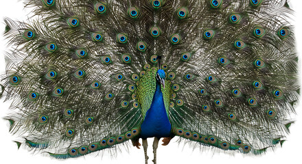 Obraz premium A vibrant peacock with full feathers on display, suitable for transparent, white background, png use in various designs 