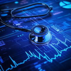 A stethoscope placed on a digital medical screen displaying vital health data.