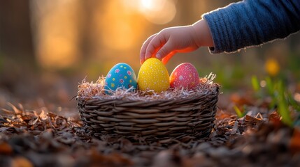 Child reaching Easter eggs in woven basket, fallen leaves, illuminated forest backdrop at sunset