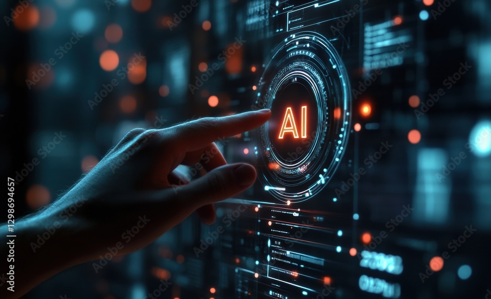 Poster Businessman using ai interface touching futuristic digital screen: activating artificial intelligence system