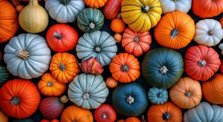 Colorful Assortment of Pumpkins and Gourds on Display, Featuring Varied Shapes, Sizes, and Textures, Ideal for Autumn and Harvest Celebrations