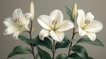 Fototapeta premium Lilies blooming in garden against neutral wall backdrop, showing beauty & nature's tranquility