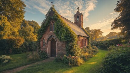 Obraz premium Charming stone church enveloped by greenery at golden hour in serene landscape