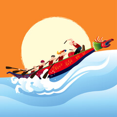 Vector of energetic people rowing dragon boat in the river. Vector. A giant sun as background.