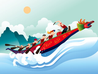Vector of energetic people rowing dragon boat in the river. Vector. With mountains and clouds as background.