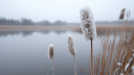 Fototapeta premium Frosted reeds by calm lake, foggy winter morning; nature background