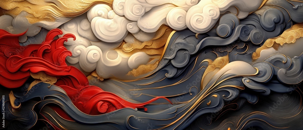 Poster abstract asian-inspired design with swirls and cloud patterns.