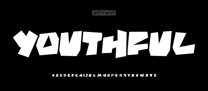 Graffiti block letters, bold street font, angular urban typography, dynamic geometric typeface, youthful high-impact modern typographic design. Vector typeset