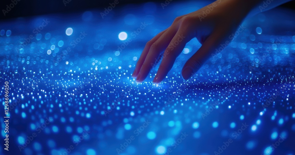 Poster hand touching futuristic interactive digital data surface