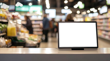 Obraz premium Blank digital screen mockup for advertisement, placed near the checkout counter in a modern supermarket, with visible shoppers in the blurred background