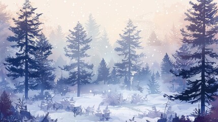 Obraz premium A beautiful digital illustration of a serene winter forest covered in snow. Tall evergreen trees stand against a misty background,