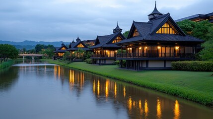 Fototapeta premium Elegant traditional architecture along a serene river at dusk tranquil landscape scenic viewpoint for peaceful ambiance