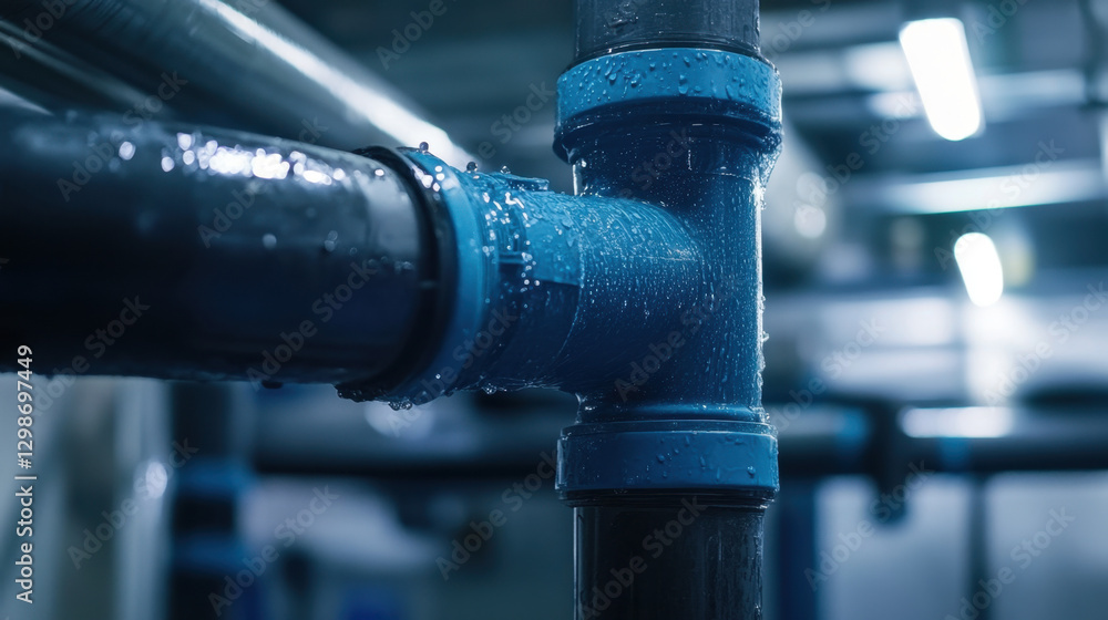 Poster the image features an intricate arrangement of water pipes with visible droplets, highlighting indus