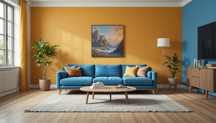 Stylish living room features an art print, blue sofa, and warm-toned decor creating a welcoming and cozy atmosphere. Modern interior design.