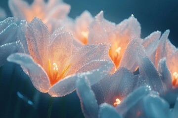 Dew-kissed tulips glowing softly in the evening light, capturing nature's tranquility