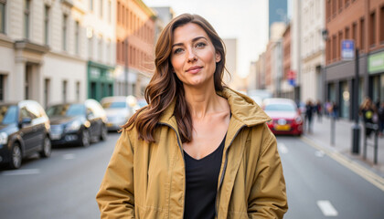 Fototapeta premium Confident woman in casual jacket standing on a busy city street, recycled materials, homespun, handmade, national traditions, natural wool, cotton, zero waste fashion, consignment shop, vintage, 