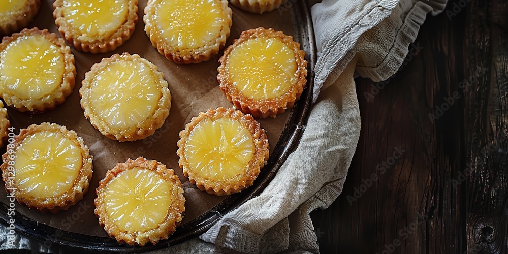 Poster an up-close view of a tray of delicious lemon curd crème brule cookies is displayed in the picture a
