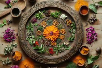 Sacred mandala infused with fragrant herbs, each layer representing holistic balance, rejuvenation, and vitality.