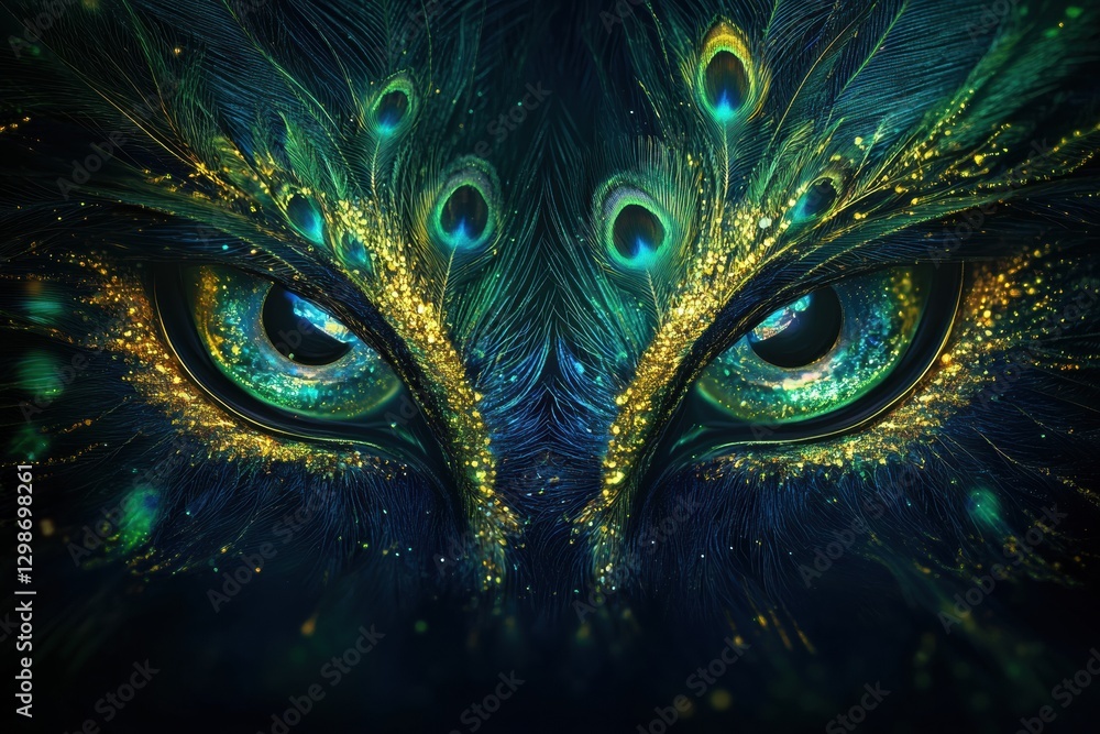Poster Mesmerizing close up of peacock feathers showcasing vibrant colors and intricate patterns in a dark setting. Generative AI