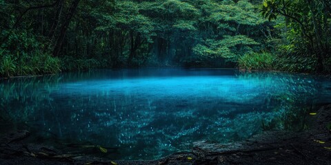 Serene blue lagoon surrounded by lush forest in the early morning light