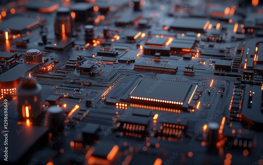 Aufkleber detailed view of a complex electronic machine featuring illuminated circuitry and microchips in a mo