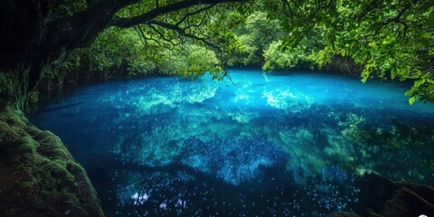 Vibrant blue waters reflecting greenery in a serene natural setting during daylight hours