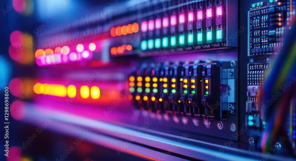 Wall mural an electrical panel featuring an array of colorful lights and switches highlights the advanced techn