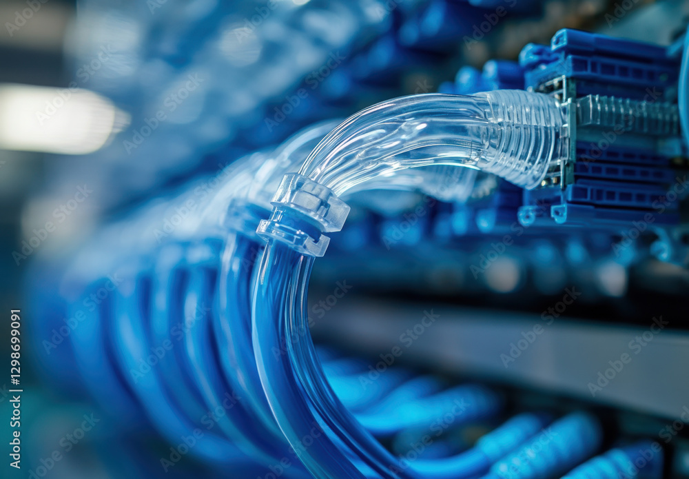 Poster close-up view of blue and white cables linking various components in a technical setup, highlighting