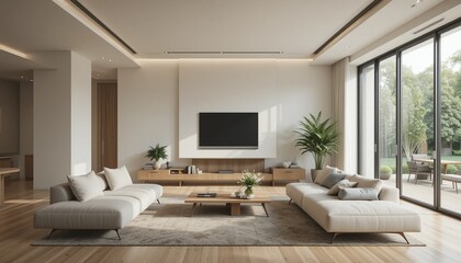 A modern living room with neutral tones, clean lines, and natural light creates a serene and inviting space.