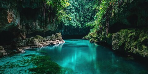 Tranquil river flowing through lush greenery and rocky formations in a serene natural setting