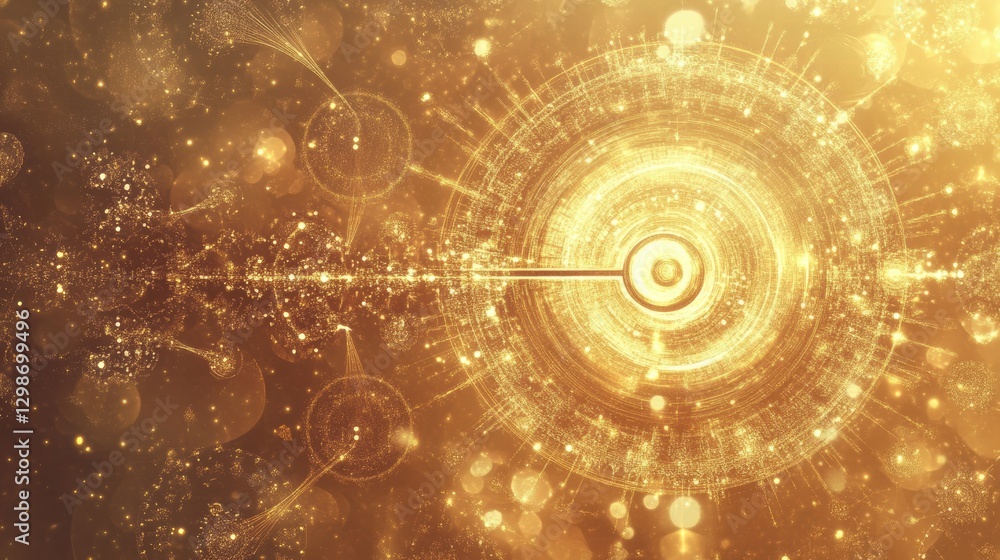 Fototapete Golden abstract design depicting energy transfer in a cosmic environment, highlighting swirling patterns and luminous particles. Generative AI