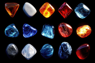 Set of polished gemstones in various shapes and vivid colors, including blue, red, orange, and white, isolated on black background