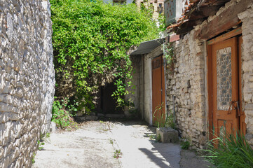 Naklejka premium Quaint alleyway surrounded by rustic stone walls and old wooden doors with overgrown greenery in the background. Perfect for themes of rural architecture, vintage landscapes, or countryside charm.