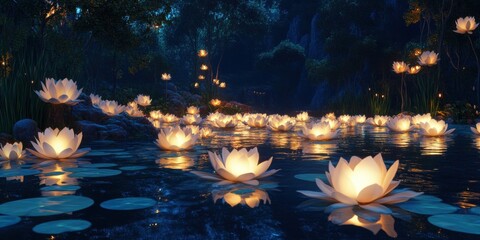 Serene night view of glowing lotus flowers illuminating a tranquil pond surrounded by lush greenery