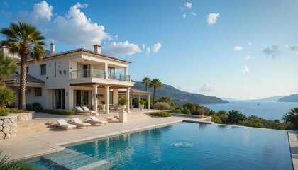 Fototapeta premium Luxury villa with pool overlooking ocean, blue sky, palm trees. Serene getaway or vacation spot with scenic views and relaxing ambiance.