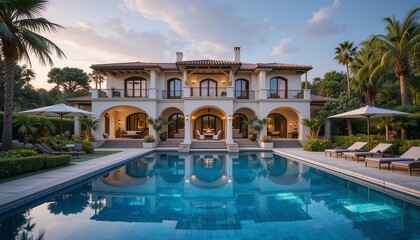 Luxury villa with a stunning pool reflecting the architecture and sky, surrounded by palm trees and lush gardens. Serene tropical paradise
