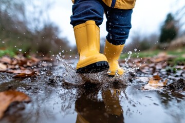 A young child clad in yellow rain boots joyfully hops through muddy puddles, capturing the essence of childhood delight and the invigorating feel of a rainy day outdoors.