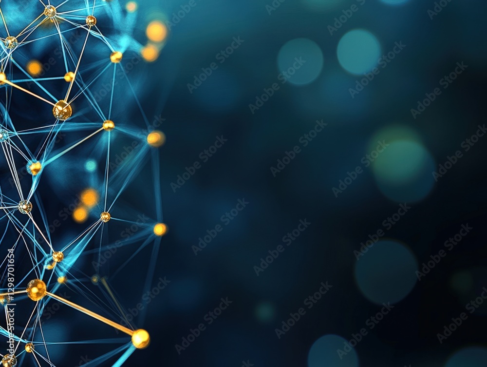 Poster connectivity network background with golden nodes and blue lines