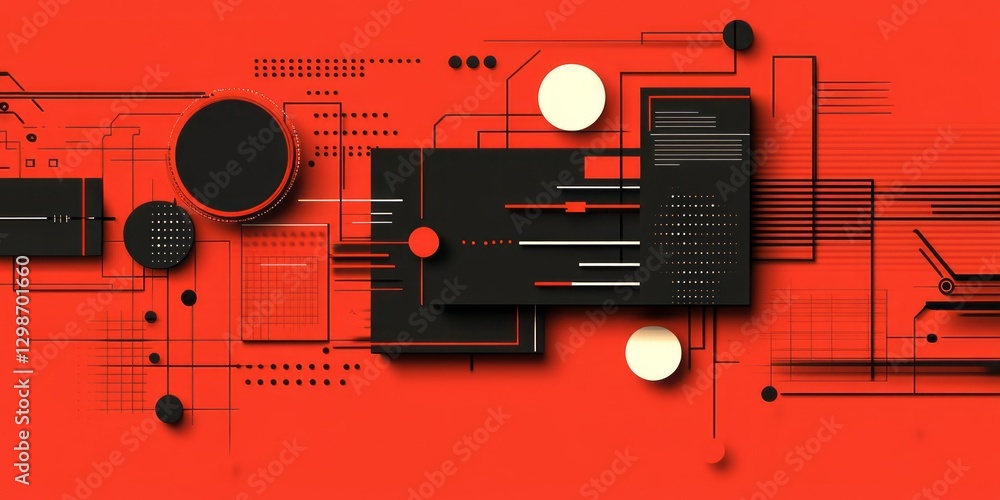Poster modern tech interface featuring geometrical elements on red background