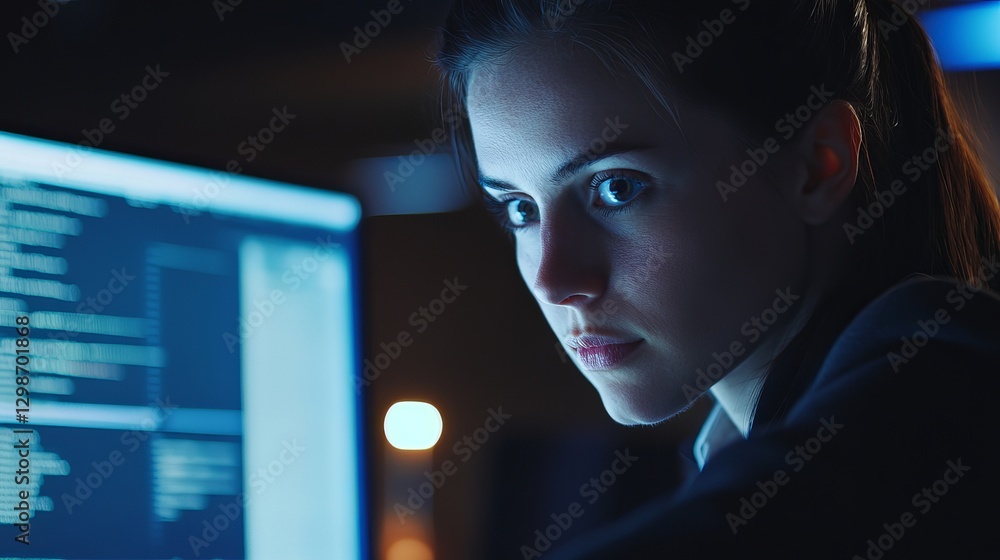 Poster focused female programmer working late night on computer screen blue light coding software developme